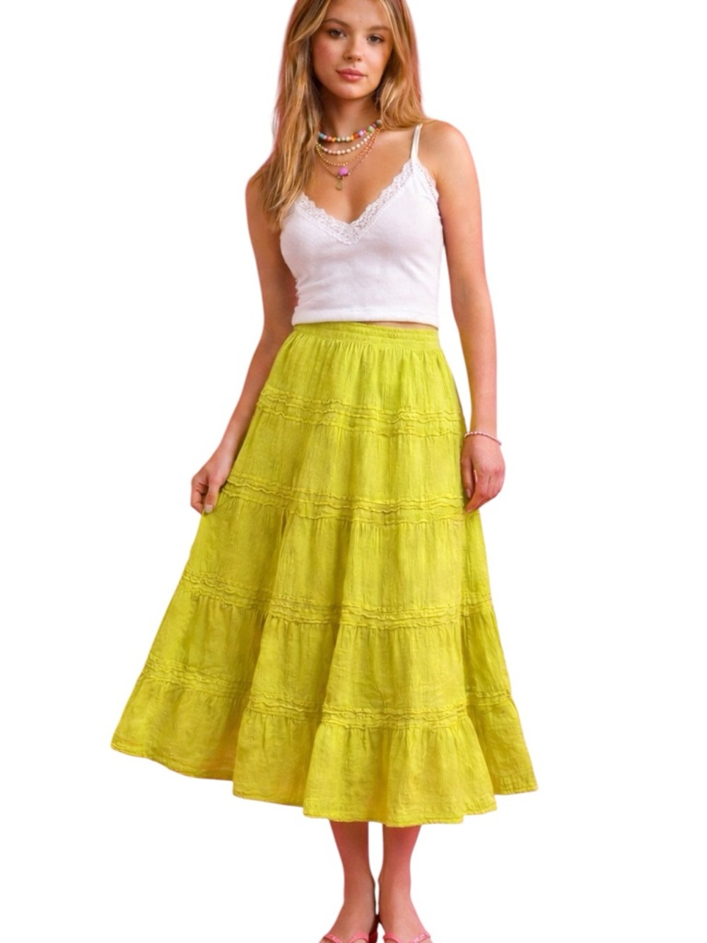 VTG GAP Lime Yellow Green Tiered Midi Skirt Cotton Size 12 Y2K 2000s